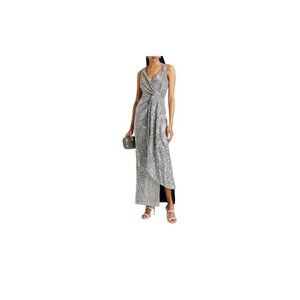 Aidan Mattox Woman’s‎ Silver TwistFront Maxi Sheath Evening Long Dress SZ 10